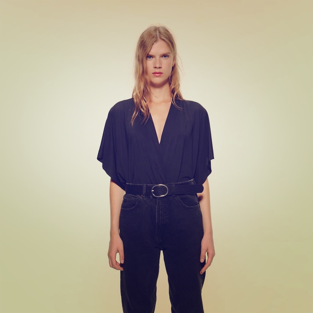 Black, V neck, bodysuit blouse